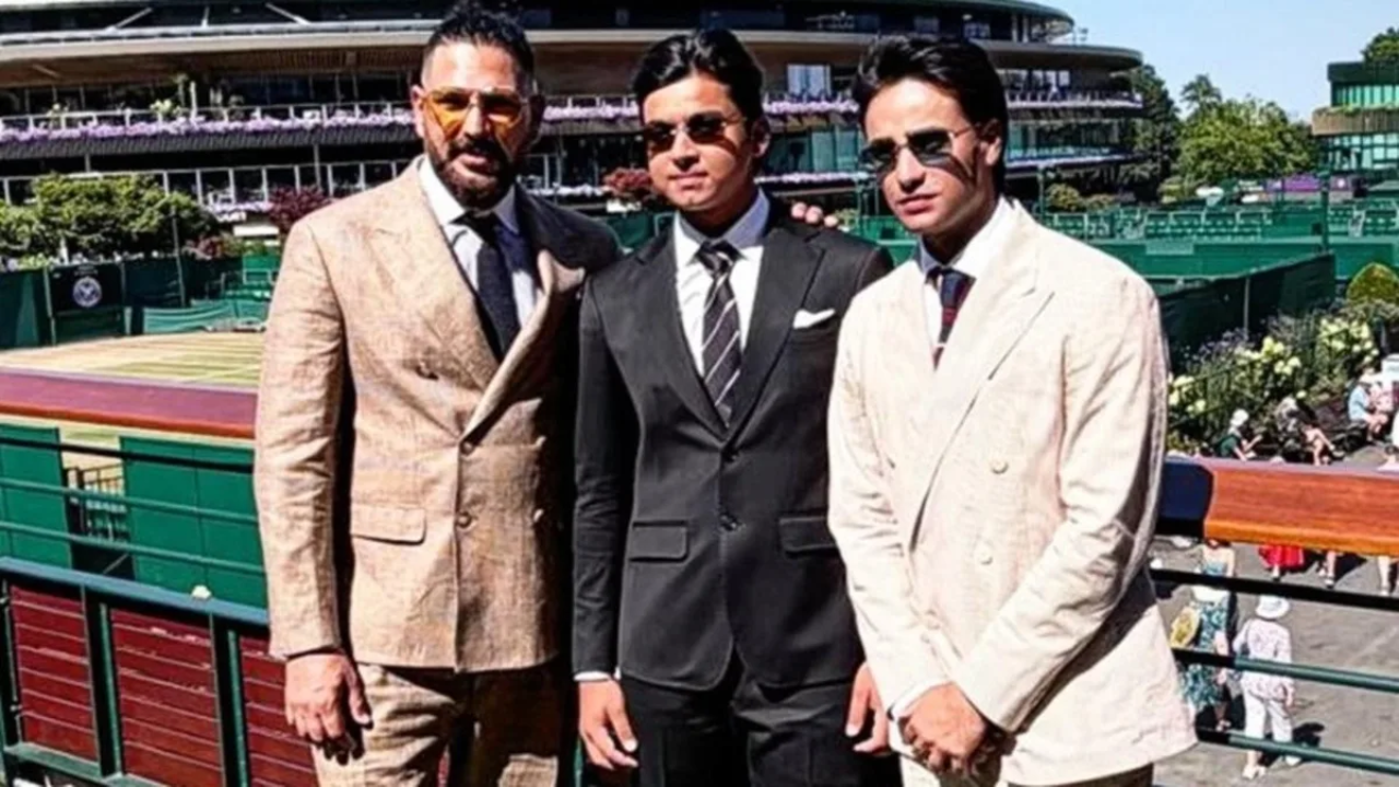 Vaibhav Sooryavanshi, Yuvraj Singh and Abhishek Sharma pose together at the Wimbledon Championships 2026 during the Grand Slam tennis tournament in London.