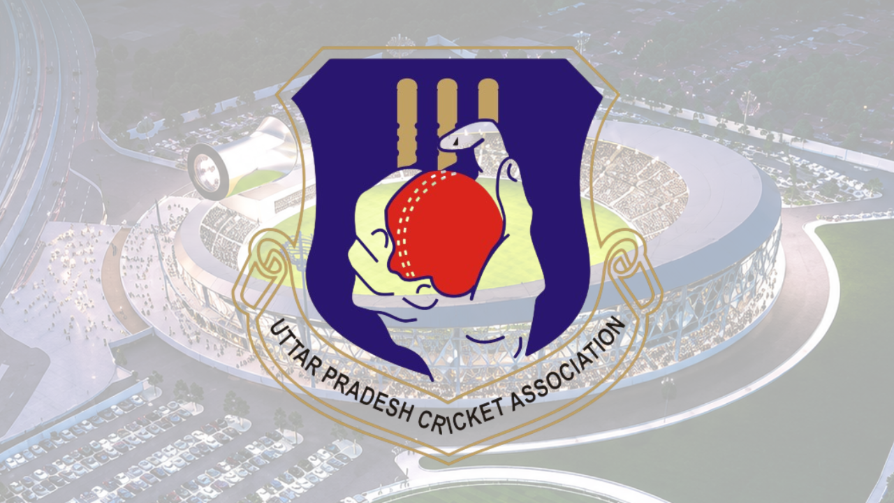 Uttar Pradesh Cricket Association (UPCA) logo displayed over the proposed Varanasi International Cricket Stadium, highlighting the development of the new cricket venue in Uttar Pradesh.