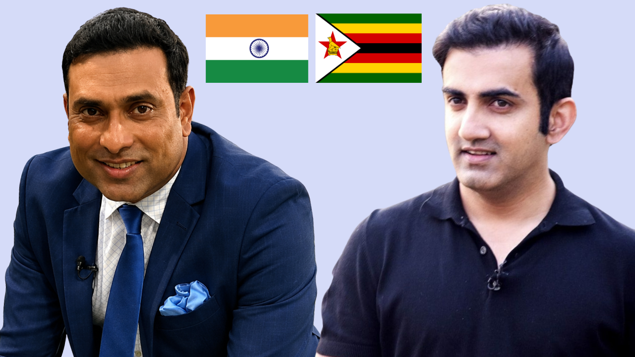 VVS Laxman and Gautam Gambhir with the India and Zimbabwe flags ahead of India's 2026 cricket tour of Zimbabwe.