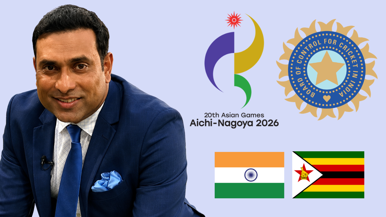 VVS Laxman alongside the 2026 Asian Games logo, BCCI emblem, and the flags of India and Zimbabwe, representing India's cricket preparations and squad for the Zimbabwe tour ahead of the 2026 Asian Games.
