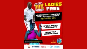 Promotional graphic for the West Indies vs Pakistan cricket match at Brian Lara Cricket Academy, highlighting free admission for women, special prizes, giveaways, and family-friendly match-day activities.