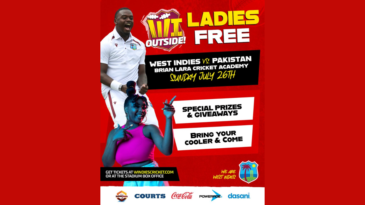 Promotional graphic for the West Indies vs Pakistan cricket match at Brian Lara Cricket Academy, highlighting free admission for women, special prizes, giveaways, and family-friendly match-day activities.
