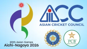 2026 Asian Games Aichi-Nagoya logo alongside the Asian Cricket Council, BCCI and PCB logos.