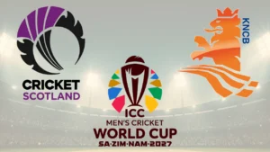 2027 ICC Men’s Cricket World Cup logo alongside Cricket Scotland and KNCB logos