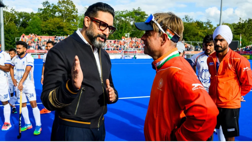 Abhishek Bachchan speaks with the Indian hockey team at the FIH Hockey World Cup 2026.