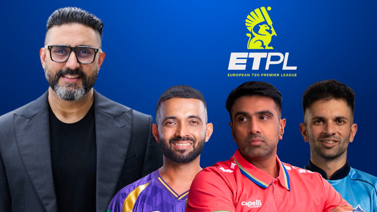 Abhishek Bachchan, Ravichandran Ashwin, Ajinkya Rahane and Keshav Maharaj featured with the ETPL logo.
