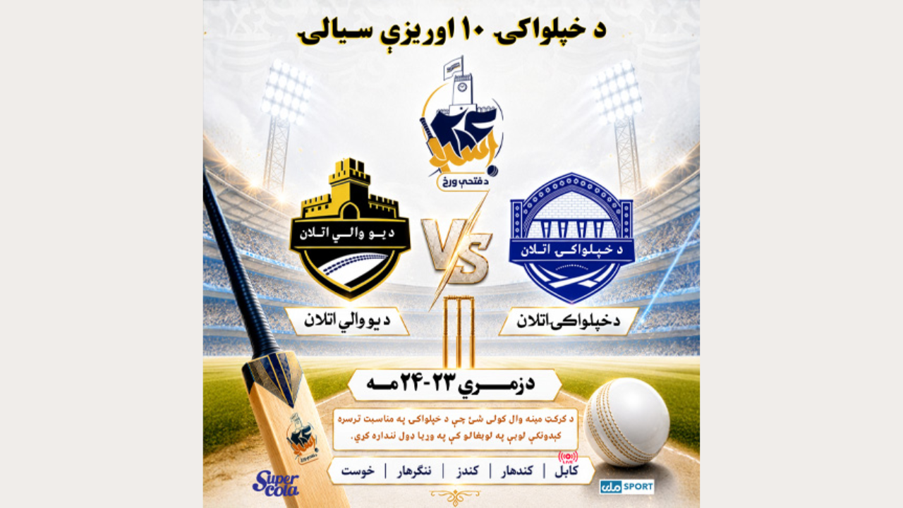 T10 cricket matches organized to celebrate Afghanistan’s Independence Day, featuring team logos, cricket bat and ball in a stadium.