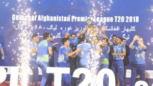 Afghanistan Premier League T20 2018 champions celebrate with the trophy.