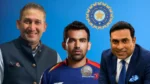 Ajit Agarkar, Zaheer Khan and VVS Laxman with BCCI logo