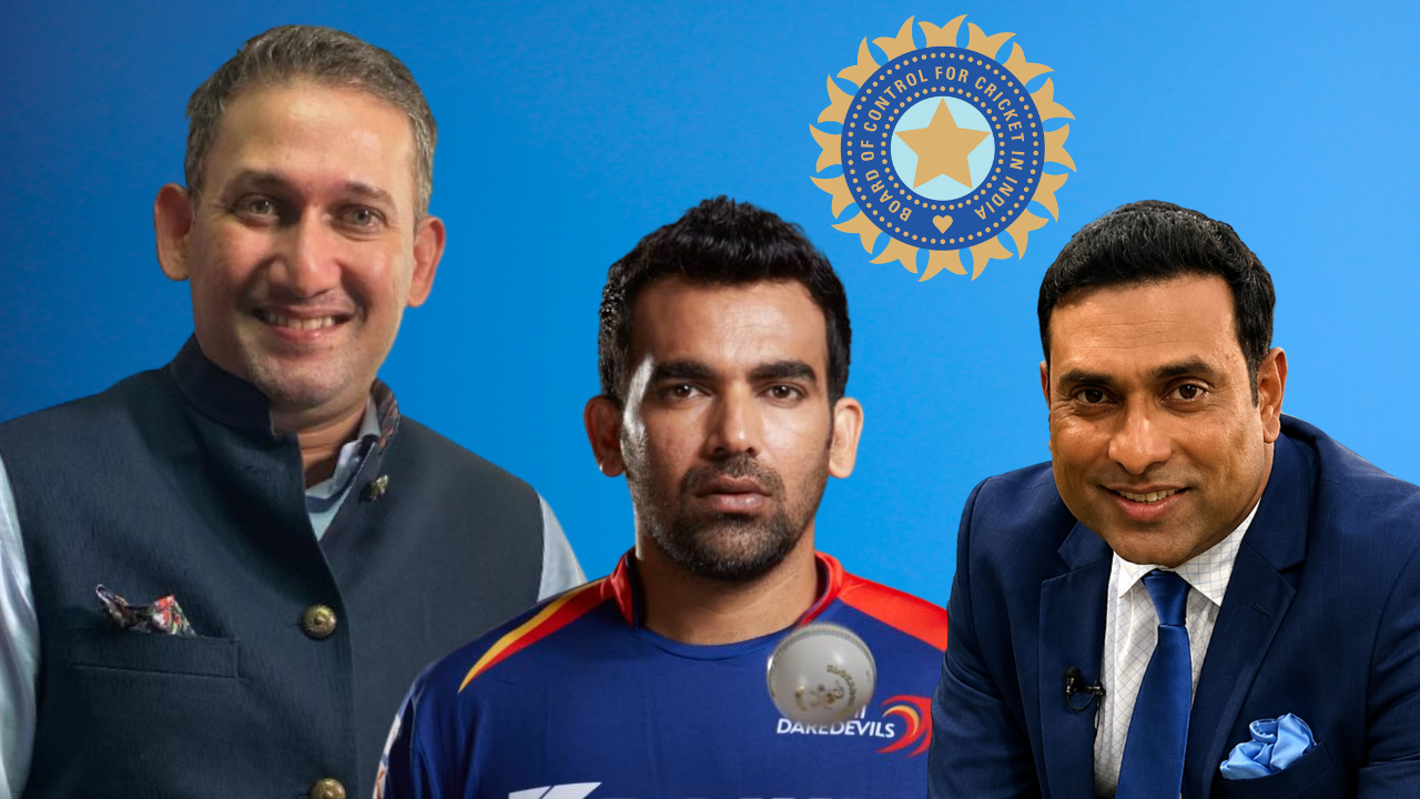 Ajit Agarkar, Zaheer Khan and VVS Laxman with BCCI logo