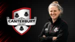 Amy Satterthwaite alongside the Canterbury Cricket logo