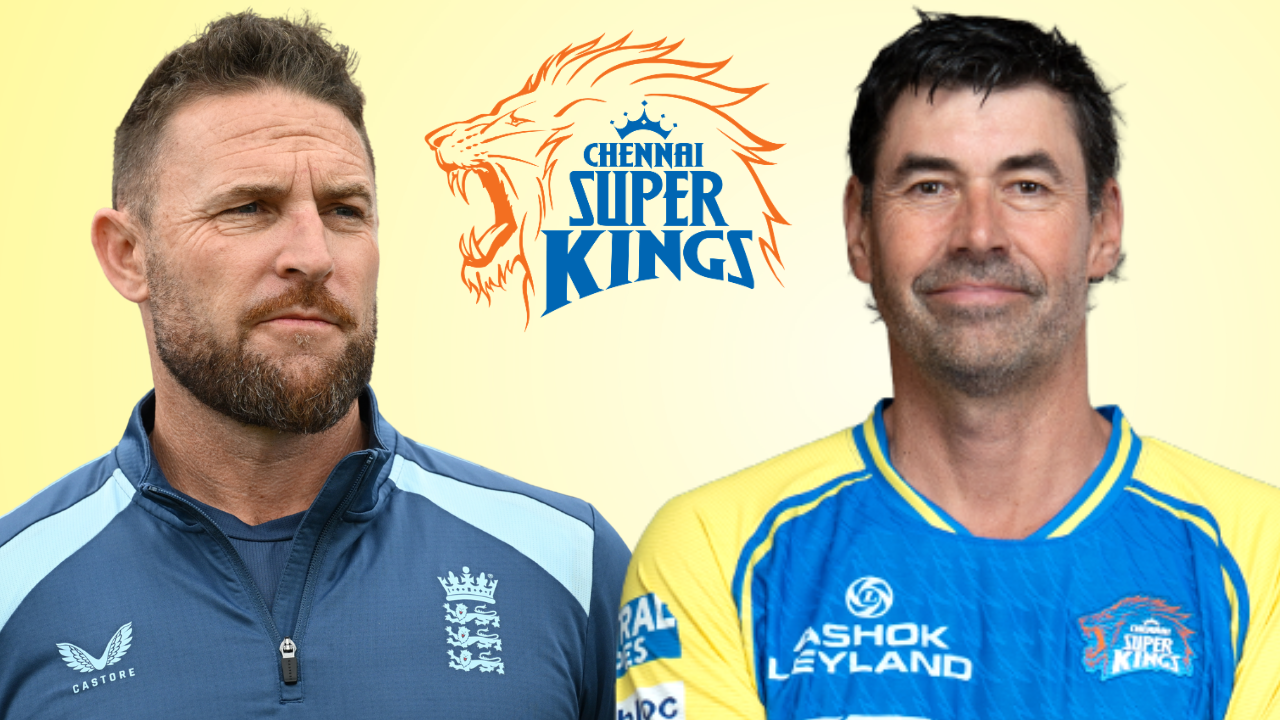 Brendon McCullum and Stephen Fleming alongside the Chennai Super Kings CSK logo