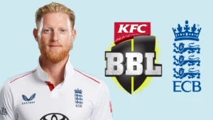 Ben Stokes pictured alongside the Big Bash League (BBL) and England and Wales Cricket Board (ECB) logos, highlighting his potential involvement in Australia's BBL while representing England cricket.