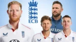 Ben Stokes, Brendon McCullum, Joe Root and Harry Brook alongside the England and Wales Cricket Board (ECB) logo, highlighting England men's cricket.