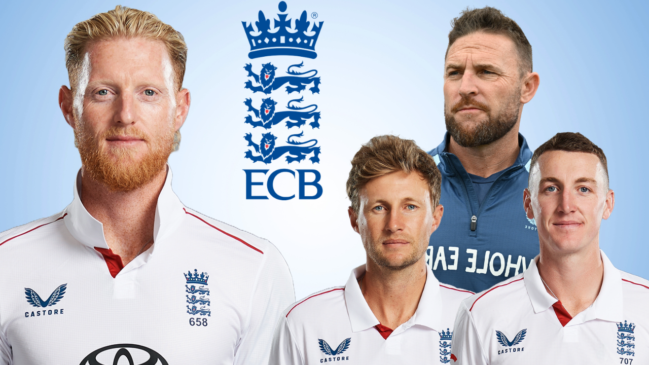 Ben Stokes, Brendon McCullum, Joe Root and Harry Brook alongside the England and Wales Cricket Board (ECB) logo, highlighting England men's cricket.