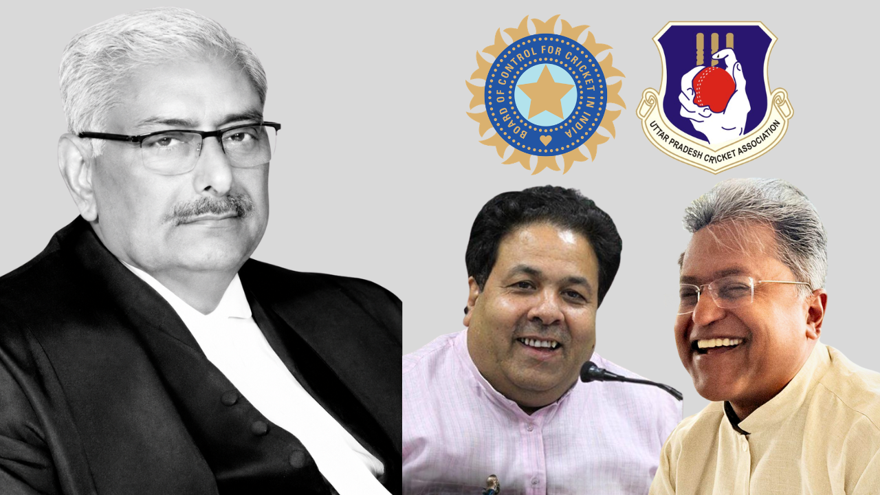 Arun Mishra and Rajiv Shukla alongside the BCCI and Uttar Pradesh Cricket Association logos