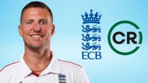 Brydon Carse pictured alongside the England and Wales Cricket Board and Cricket Regulator logos.