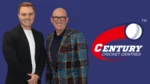 Chris Millard alongside a colleague with the Century Cricket Centres logo.