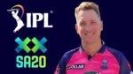 Chris Morris pictured alongside the IPL and SA20 cricket league logos
