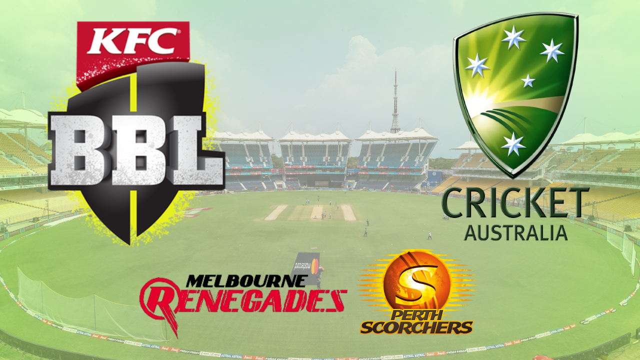 BBL, Cricket Australia, Melbourne Renegades and Perth Scorchers logos over MA Chidambaram Stadium.