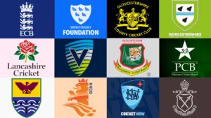 Logos of international cricket boards, county cricket clubs and cricket foundations including ECB, PCB, Bangladesh Cricket Board and KNCB