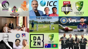 Cricket news collage featuring ICC World Cup, BBL, IPL and Cricket Australia imagery alongside players, officials and cricket industry figures.