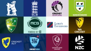 Collage of cricket organisation logos from England, Scotland, Australia and New Zealand