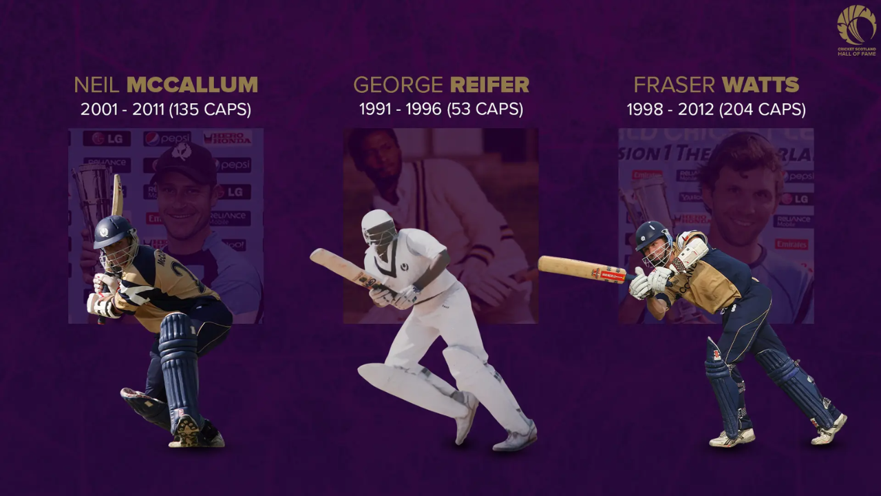 Cricket Scotland Hall of Fame graphic featuring Neil McCallum, George Reifer, and Fraser Watts, highlighting their international careers and Scotland caps.