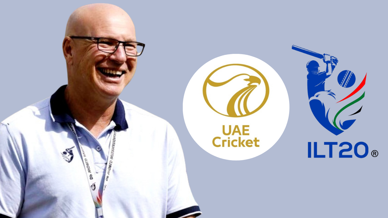 David White alongside the UAE Cricket and ILT20 logos, highlighting his leadership role in UAE Cricket and the International League T20.