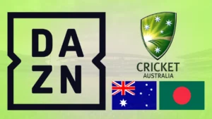 DAZN and Cricket Australia logos with Australia and Bangladesh flags