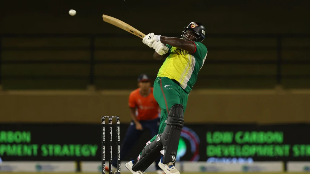 A Desert Vipers batter plays an attacking shot during a match in the 2026 Guyana Global Super League, where the ILT20 champions competed at Providence Stadium.