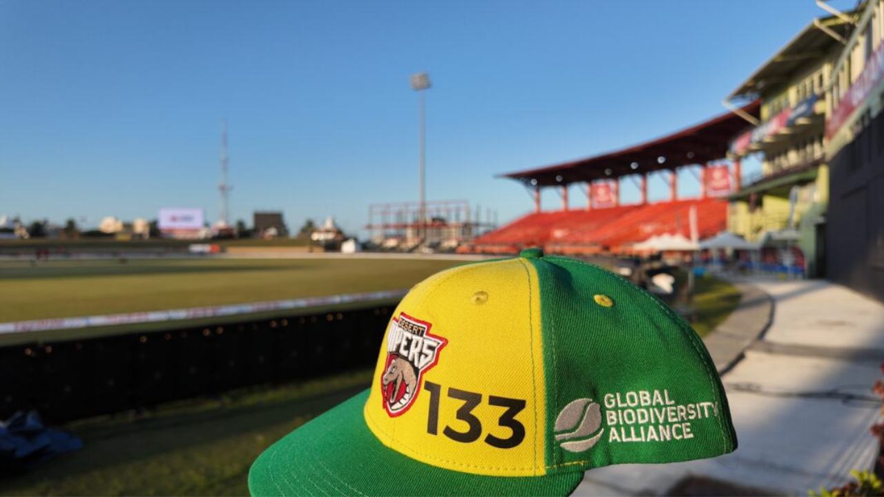 Desert Vipers cap featuring the Global Biodiversity Alliance logo at a cricket ground