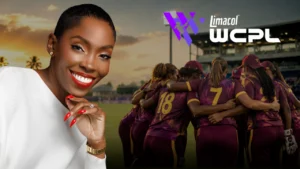 Dr. Tara Wilkinson-McClean pictured alongside West Indies women’s cricketers and the WCPL logo.