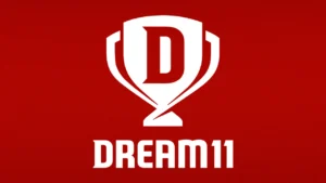 Dream11 logo featuring a white trophy icon on a red background.