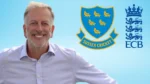 Ed Warner alongside the Sussex Cricket and England and Wales Cricket Board (ECB) logos.