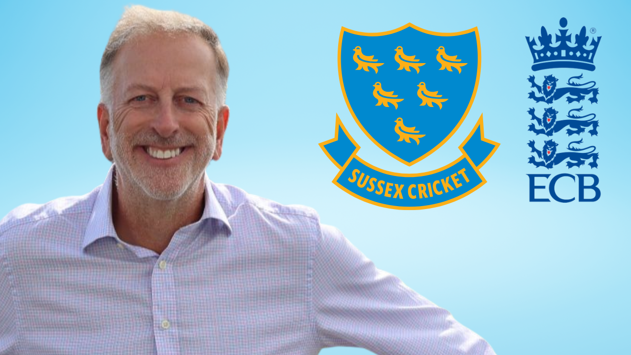 Ed Warner alongside the Sussex Cricket and England and Wales Cricket Board (ECB) logos.