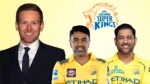 Eoin Morgan, Ravichandran Ashwin and MS Dhoni alongside the Chennai Super Kings CSK logo
