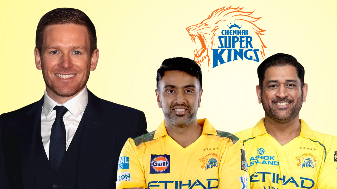 Eoin Morgan, Ravichandran Ashwin and MS Dhoni alongside the Chennai Super Kings CSK logo