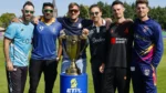 ETPL trophy with captains Glenn Maxwell, R Ashwin, Faf du Plessis, Scott Edwards and Mitchell Santner.