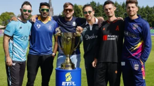 ETPL trophy with captains Glenn Maxwell, R Ashwin, Faf du Plessis, Scott Edwards and Mitchell Santner.