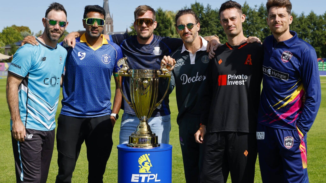 ETPL trophy with captains Glenn Maxwell, R Ashwin, Faf du Plessis, Scott Edwards and Mitchell Santner.
