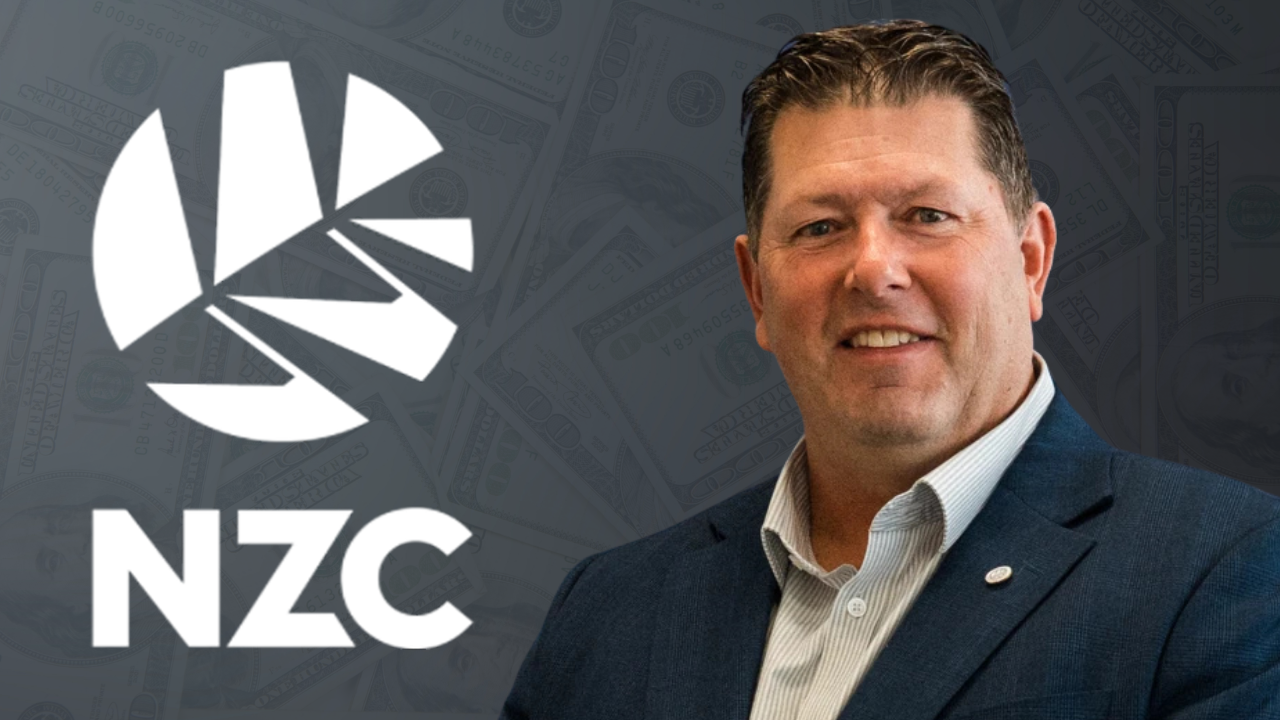 Geoff Allott pictured alongside the New Zealand Cricket NZC logo.