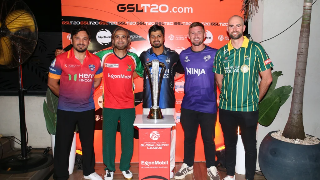 Team captains pose with the ExxonMobil Guyana Global Super League (GSL) trophy ahead of the international T20 tournament in Guyana.