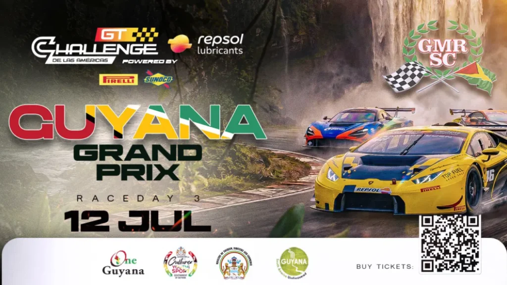 Promotional flyer for the Guyana Grand Prix featuring the GT Challenge Americas race, high-performance sports cars, and event branding in Guyana.