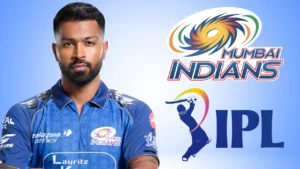 Hardik Pandya pictured alongside the Mumbai Indians and Indian Premier League (IPL) logos, highlighting his leadership role and participation in the IPL franchise.