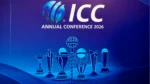 ICC Annual Conference 2026 graphic featuring international cricket trophies