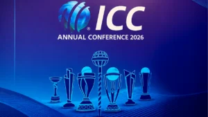 ICC Annual Conference 2026 graphic featuring international cricket trophies