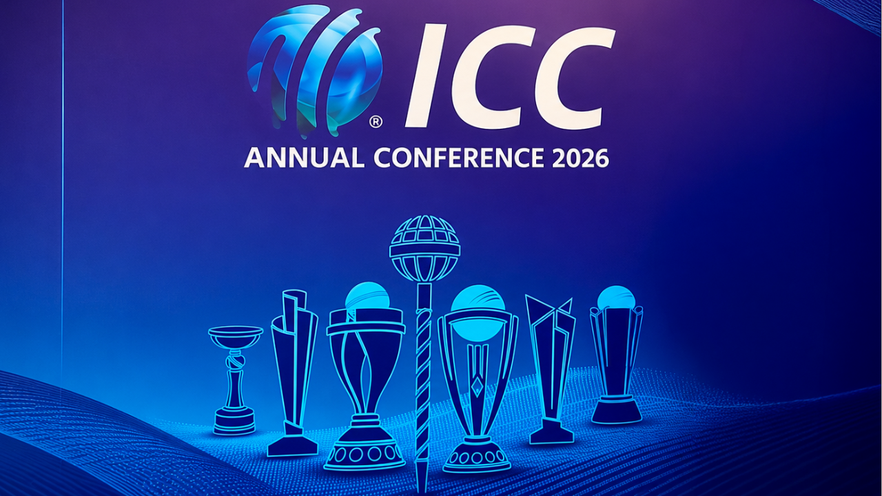 ICC Annual Conference 2026 graphic featuring international cricket trophies