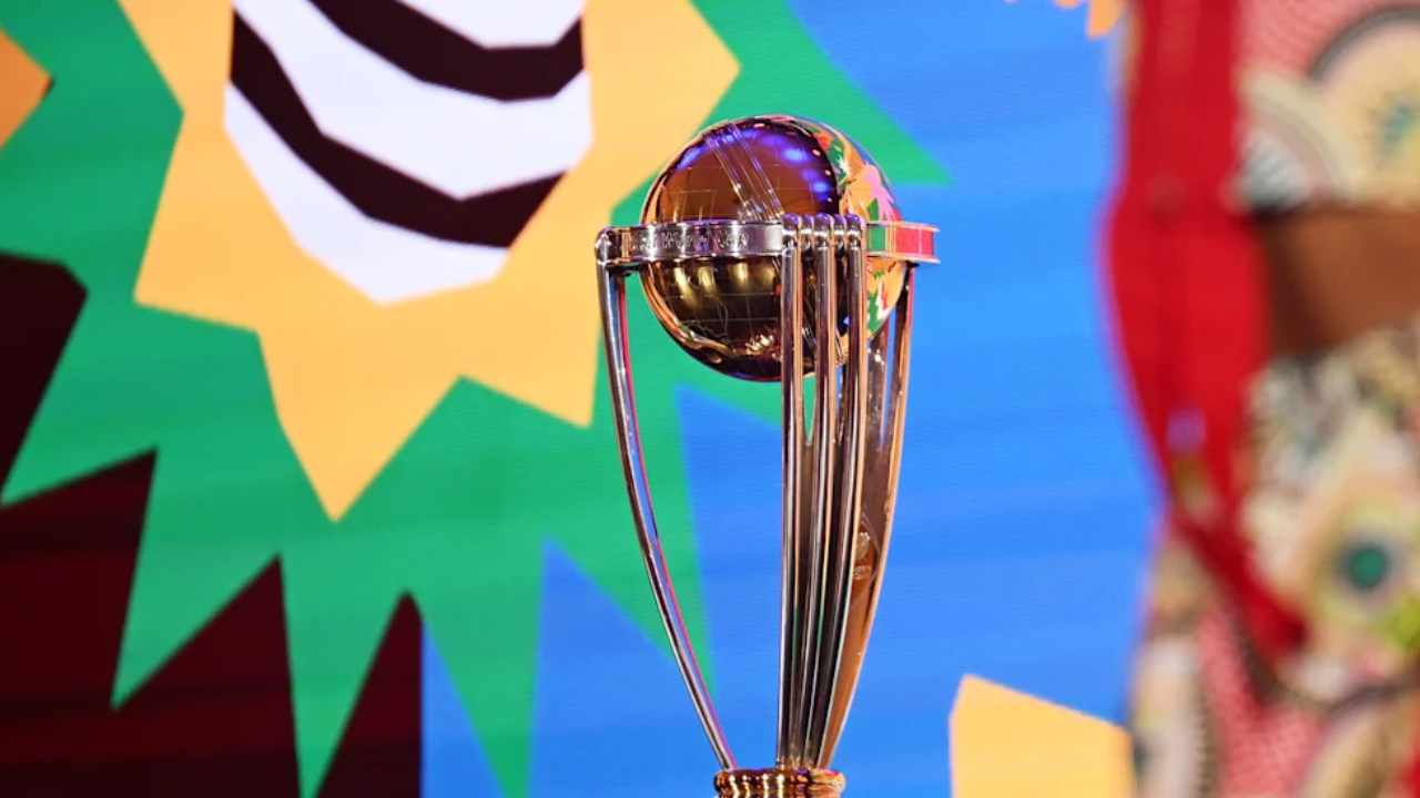 ICC Cricket World Cup 2027 trophy displayed during a promotional event ahead of the 2027 Cricket World Cup tournament.