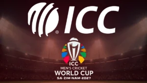 International Cricket Council (ICC) logo alongside the ICC Men's Cricket World Cup 2027 logo, highlighting the global cricket tournament.